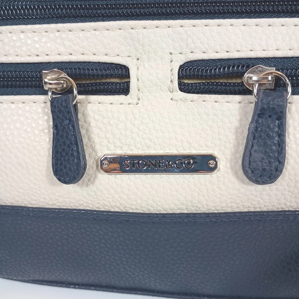 Stone & Co Wristlet Bag Cream Blue Colorblock Faux Leather Small Purse Clutch